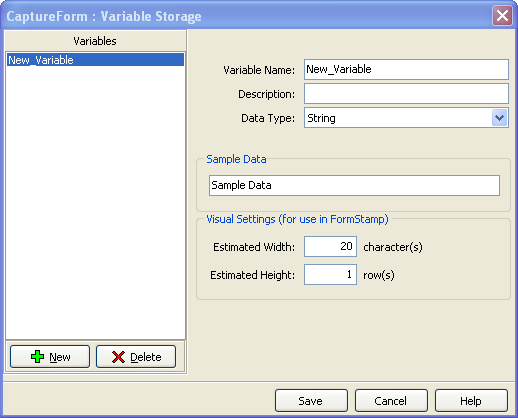 Variable storage dialog. The right side of the dialog now has options for naming the variable, typing a description for it, setting the data type, and setting the size in form stamp.